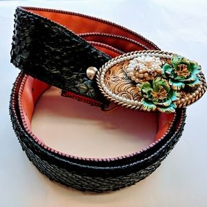 Blk/Pink Leather Snake Skin Floral Belt
